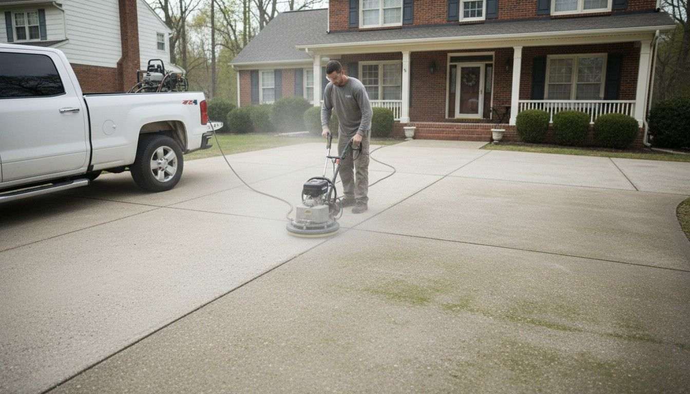 Clean Boise driveway concrete with oil stains and grime removed by pressure washing