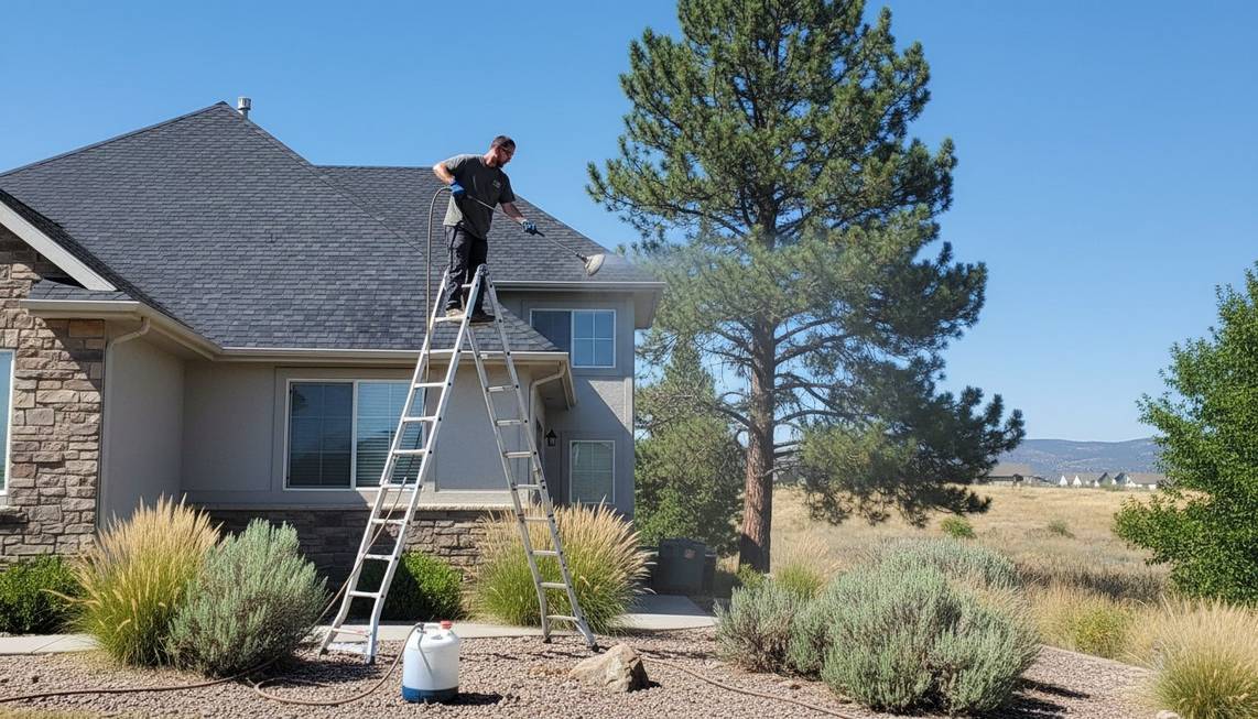 Technician on a ladder soft washing algae streaks off an asphalt shingle roof