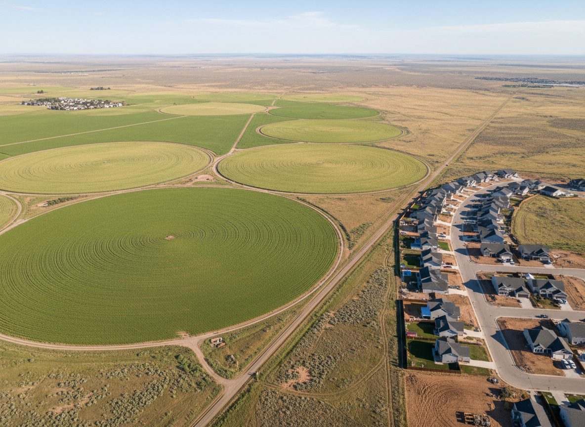 Aerial view of Kuna, Idaho showing farmland and irrigation circles bordering a newer residential subdivision in the high desert